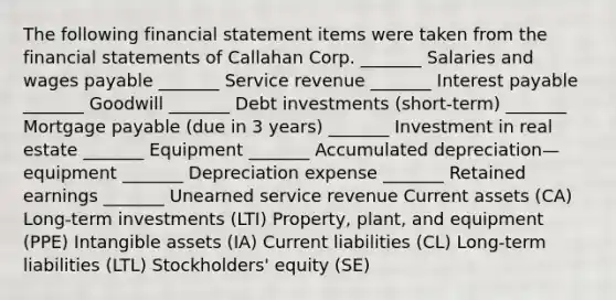 The following financial statement items were taken from the financial statements of Callahan Corp. _______ Salaries and wages payable _______ Service revenue _______ Interest payable _______ Goodwill _______ Debt investments (short-term) _______ Mortgage payable (due in 3 years) _______ Investment in real estate _______ Equipment _______ Accumulated depreciation—equipment _______ Depreciation expense _______ Retained earnings _______ Unearned service revenue Current assets (CA) Long-term investments (LTI) Property, plant, and equipment (PPE) Intangible assets (IA) Current liabilities (CL) Long-term liabilities (LTL) Stockholders' equity (SE)