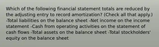 Which of the following financial statement totals are reduced by the adjusting entry to record amortization? (Check all that apply.) -Total liabilities on the balance sheet -Net income on the <a href='https://www.questionai.com/knowledge/kCPMsnOwdm-income-statement' class='anchor-knowledge'>income statement</a> -Cash from operating activities on the statement of cash flows -Total assets on the balance sheet -Total stockholders' equity on the balance sheet