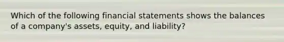 Which of the following financial statements shows the balances of a company's assets, equity, and liability?