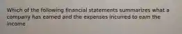 Which of the following financial statements summarizes what a company has earned and the expenses incurred to earn the income