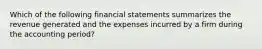 Which of the following financial statements summarizes the revenue generated and the expenses incurred by a firm during the accounting period?