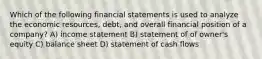 Which of the following financial statements is used to analyze the economic resources, debt, and overall financial position of a company? A) income statement B) statement of of owner's equity C) balance sheet D) statement of cash flows