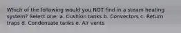 Which of the following would you NOT find in a steam heating system? Select one: a. Cushion tanks b. Convectors c. Return traps d. Condensate tanks e. Air vents