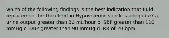 which of the following findings is the best indication that fluid replacement for the client in Hypovolemic shock is adequate? a. urine output greater than 30 mL/hour b. SBP greater than 110 mmHg c. DBP greater than 90 mmHg d. RR of 20 bpm