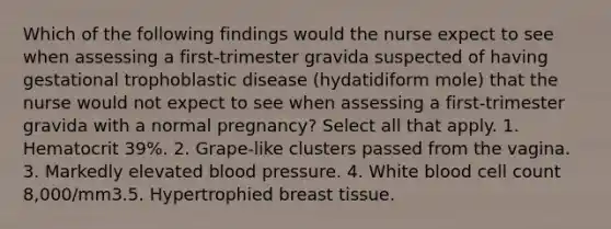 Which of the following findings would the nurse expect to see when assessing a first-trimester gravida suspected of having gestational trophoblastic disease (hydatidiform mole) that the nurse would not expect to see when assessing a first-trimester gravida with a normal pregnancy? Select all that apply. 1. Hematocrit 39%. 2. Grape-like clusters passed from the vagina. 3. Markedly elevated blood pressure. 4. White blood cell count 8,000/mm3.5. Hypertrophied breast tissue.