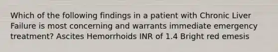 Which of the following findings in a patient with Chronic Liver Failure is most concerning and warrants immediate emergency treatment? Ascites Hemorrhoids INR of 1.4 Bright red emesis