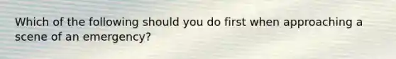 Which of the following should you do first when approaching a scene of an emergency?