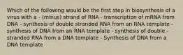 Which of the following would be the first step in biosynthesis of a virus with a - (minus) strand of RNA - transcription of mRNA from DNA - synthesis of double stranded RNA from an RNA template - synthesis of DNA from an RNA template - synthesis of double - stranded RNA from a DNA template - Synthesis of DNA from a DNA template