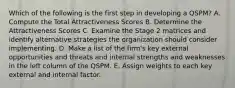 Which of the following is the first step in developing a QSPM? A. Compute the Total Attractiveness Scores B. Determine the Attractiveness Scores C. Examine the Stage 2 matrices and identify alternative strategies the organization should consider implementing. D. Make a list of the firm's key external opportunities and threats and internal strengths and weaknesses in the left column of the QSPM. E. Assign weights to each key external and internal factor.