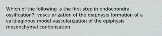 Which of the following is the first step in endochondral ossification?: vascularization of the diaphysis formation of a cartilaginous model vascularization of the epiphysis mesenchymal condensation