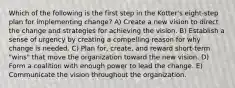 Which of the following is the first step in the Kotter's eight-step plan for implementing change? A) Create a new vision to direct the change and strategies for achieving the vision. B) Establish a sense of urgency by creating a compelling reason for why change is needed. C) Plan for, create, and reward short-term "wins" that move the organization toward the new vision. D) Form a coalition with enough power to lead the change. E) Communicate the vision throughout the organization.