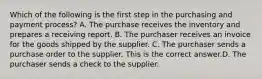 Which of the following is the first step in the purchasing and payment​ process? A. The purchase receives the inventory and prepares a receiving report. B. The purchaser receives an invoice for the goods shipped by the supplier. C. The purchaser sends a purchase order to the supplier. This is the correct answer.D. The purchaser sends a check to the supplier.