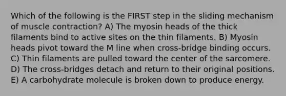 Which of the following is the FIRST step in the sliding mechanism of muscle contraction? A) The myosin heads of the thick filaments bind to active sites on the thin filaments. B) Myosin heads pivot toward the M line when cross-bridge binding occurs. C) Thin filaments are pulled toward the center of the sarcomere. D) The cross-bridges detach and return to their original positions. E) A carbohydrate molecule is broken down to produce energy.