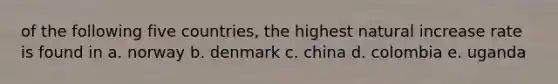 of the following five countries, the highest natural increase rate is found in a. norway b. denmark c. china d. colombia e. uganda