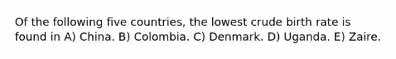 Of the following five countries, the lowest crude birth rate is found in A) China. B) Colombia. C) Denmark. D) Uganda. E) Zaire.