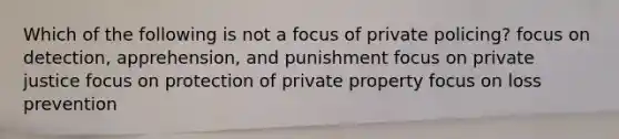 Which of the following is not a focus of private policing? focus on detection, apprehension, and punishment focus on private justice focus on protection of private property focus on loss prevention