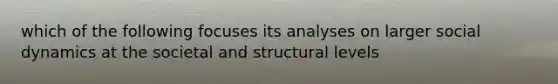 which of the following focuses its analyses on larger social dynamics at the societal and structural levels