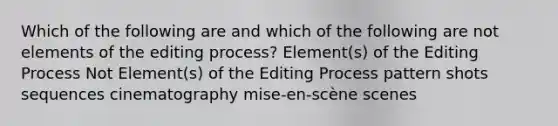 Which of the following are and which of the following are not elements of the editing process? Element(s) of the Editing Process Not Element(s) of the Editing Process pattern shots sequences cinematography mise-en-scène scenes