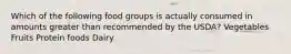 Which of the following food groups is actually consumed in amounts greater than recommended by the USDA? Vegetables Fruits Protein foods Dairy