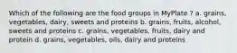 Which of the following are the food groups in MyPlate ? a. grains, vegetables, dairy, sweets and proteins b. grains, fruits, alcohol, sweets and proteins c. grains, vegetables, fruits, dairy and protein d. grains, vegetables, oils, dairy and proteins