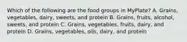 Which of the following are the food groups in MyPlate? A. Grains, vegetables, dairy, sweets, and protein B. Grains, fruits, alcohol, sweets, and protein C. Grains, vegetables, fruits, dairy, and protein D. Grains, vegetables, oils, dairy, and protein