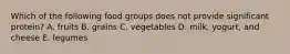 Which of the following food groups does not provide significant protein? A. ​fruits ​B. grains ​C. vegetables ​D. milk, yogurt, and cheese ​E. legumes