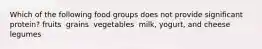Which of the following food groups does not provide significant protein?​ ​fruits ​ grains ​ vegetables ​ milk, yogurt, and cheese ​legumes