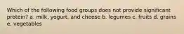 Which of the following food groups does not provide significant protein?​ a. milk, yogurt, and cheese b. legumes c. fruits d. grains e. vegetables