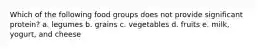 Which of the following food groups does not provide significant protein? a. legumes b. grains c. vegetables d. fruits e. milk, yogurt, and cheese