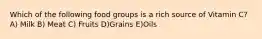 Which of the following food groups is a rich source of Vitamin C? A) Milk B) Meat C) Fruits D)Grains E)Oils