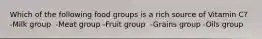 Which of the following food groups is a rich source of Vitamin C? -Milk group ​ -Meat group -​Fruit group ​ -Grains group -Oils group​