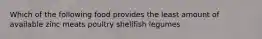 Which of the following food provides the least amount of available zinc meats poultry shellfish legumes