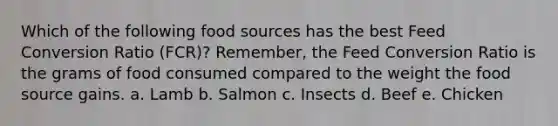 Which of the following food sources has the best Feed Conversion Ratio (FCR)? Remember, the Feed Conversion Ratio is the grams of food consumed compared to the weight the food source gains. a. Lamb b. Salmon c. Insects d. Beef e. Chicken