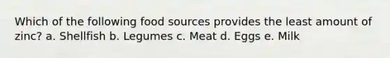 Which of the following food sources provides the least amount of zinc? a. Shellfish b. Legumes c. Meat d. Eggs e. Milk