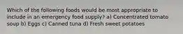 Which of the following foods would be most appropriate to include in an emergency food supply? a) Concentrated tomato soup b) Eggs c) Canned tuna d) Fresh sweet potatoes