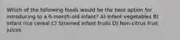 Which of the following foods would be the best option for introducing to a 6-month-old infant? A) Infant vegetables B) Infant rice cereal C) Strained infant fruits D) Non-citrus fruit juices