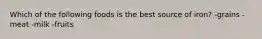 Which of the following foods is the best source of iron? -grains -meat -milk -fruits