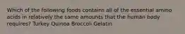 Which of the following foods contains all of the essential amino acids in relatively the same amounts that the human body requires? Turkey Quinoa Broccoli Gelatin
