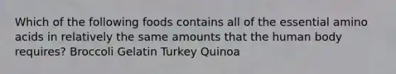 Which of the following foods contains all of the essential amino acids in relatively the same amounts that the human body requires? Broccoli Gelatin Turkey Quinoa