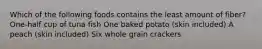 Which of the following foods contains the least amount of fiber? One-half cup of tuna fish One baked potato (skin included) A peach (skin included) Six whole grain crackers