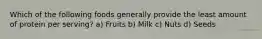 Which of the following foods generally provide the least amount of protein per serving? a) Fruits b) Milk c) Nuts d) Seeds