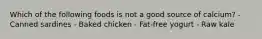 Which of the following foods is not a good source of calcium? - Canned sardines - Baked chicken - Fat-free yogurt - Raw kale