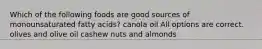 Which of the following foods are good sources of monounsaturated fatty acids? canola oil All options are correct. olives and olive oil cashew nuts and almonds