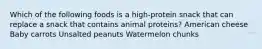 Which of the following foods is a high-protein snack that can replace a snack that contains animal proteins? American cheese Baby carrots Unsalted peanuts Watermelon chunks