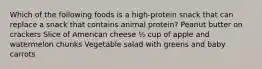 Which of the following foods is a high-protein snack that can replace a snack that contains animal protein? Peanut butter on crackers Slice of American cheese ½ cup of apple and watermelon chunks Vegetable salad with greens and baby carrots