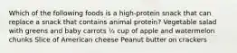 Which of the following foods is a high-protein snack that can replace a snack that contains animal protein? Vegetable salad with greens and baby carrots ½ cup of apple and watermelon chunks Slice of American cheese Peanut butter on crackers