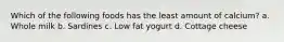 Which of the following foods has the least amount of calcium? a. Whole milk b. Sardines c. Low fat yogurt d. Cottage cheese