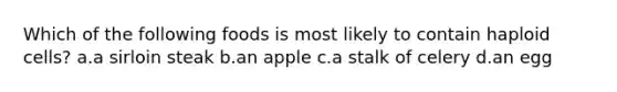 Which of the following foods is most likely to contain haploid cells? a.a sirloin steak b.an apple c.a stalk of celery d.an egg