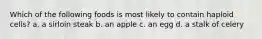 Which of the following foods is most likely to contain haploid cells? a. a sirloin steak b. an apple c. an egg d. a stalk of celery
