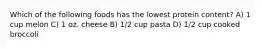 Which of the following foods has the lowest protein content? A) 1 cup melon C) 1 oz. cheese B) 1/2 cup pasta D) 1/2 cup cooked broccoli